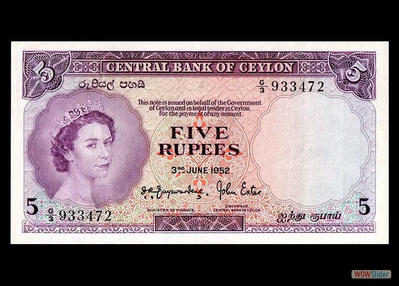 Ceylon P51 5 Rupees 1952