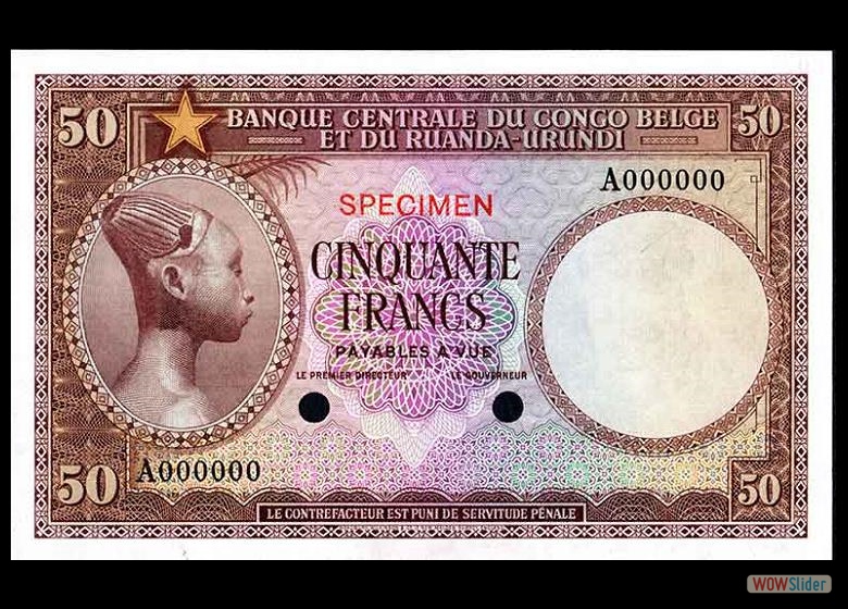 Belgian Congo P27sct 50 Francs N. D. Specimen Colour Trial