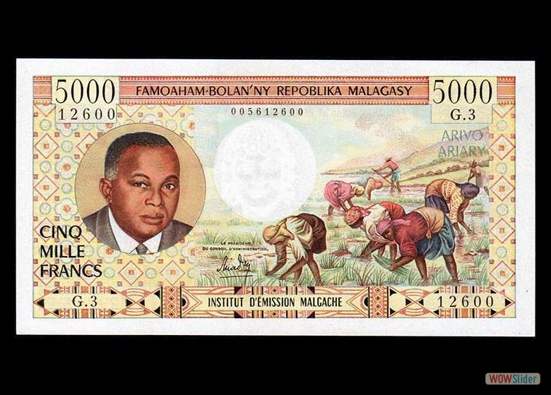 Madagascar P60a 5000 Francs = 1000 Ariary N. D. (1966)