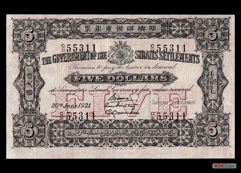 Straits Settlements P3 5 Dollars 1921